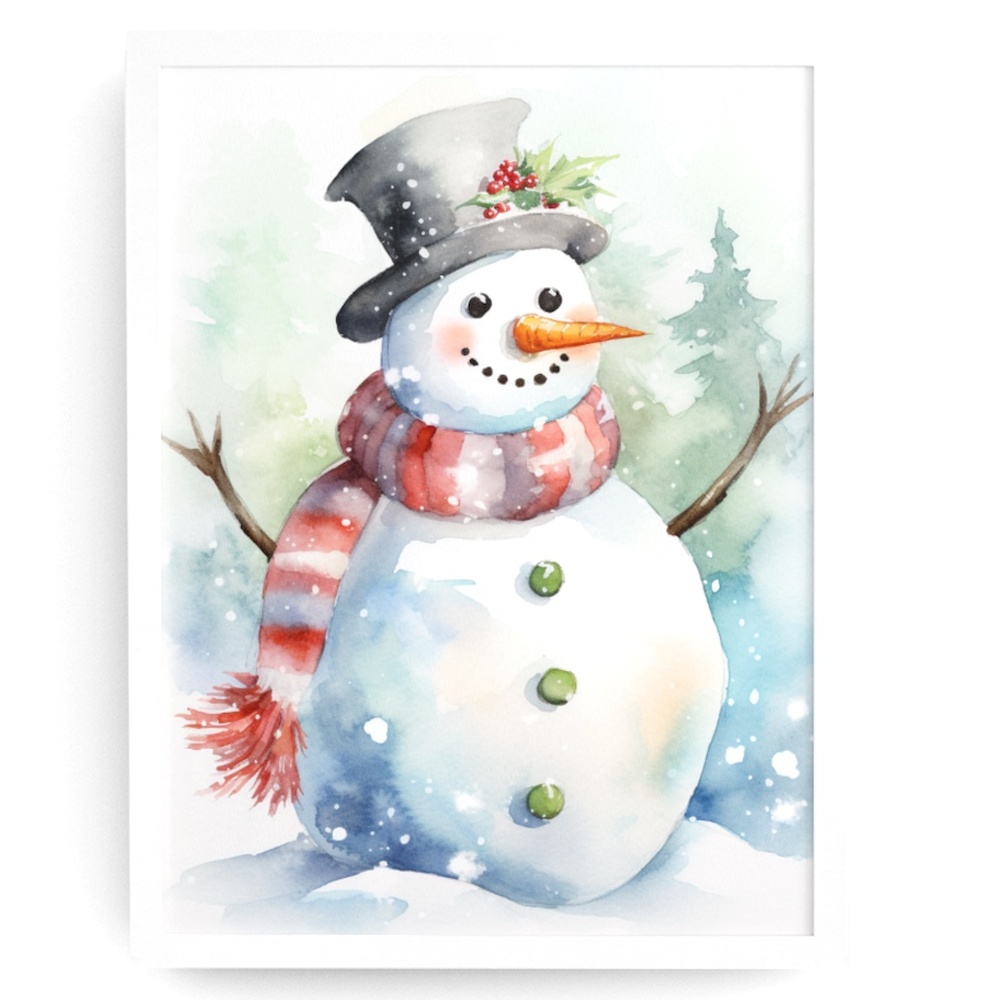 Watercolor Snowman Christmas Theme Wall Art Illustration Print Unframed